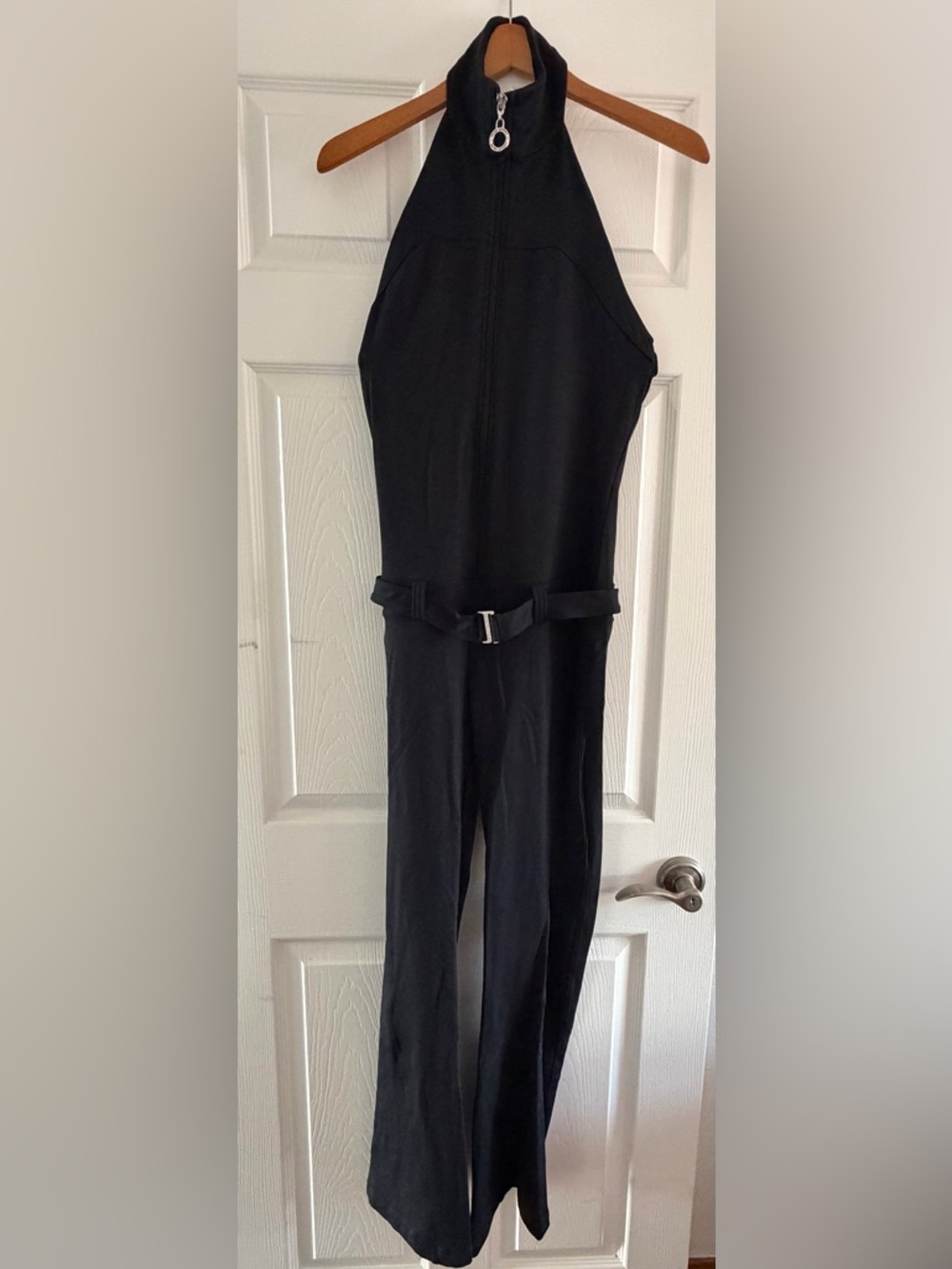 bebe Black Halter Zip Jumpsuit with Cinch Belt